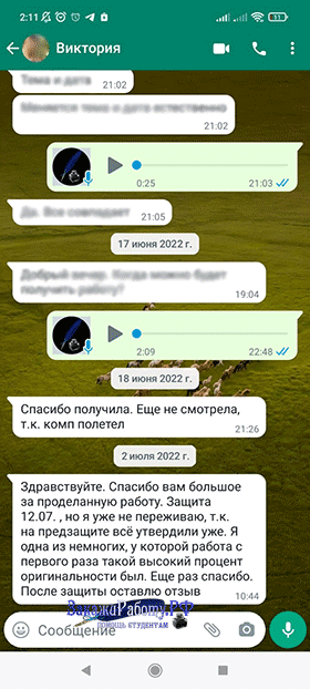 Положительный отзыв от клиента о подготовленной дипломной работе