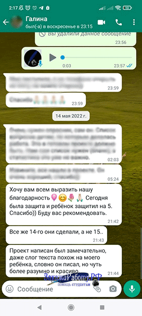 Положительный отзыв к проектной работе для начальной школы из WhatsApp